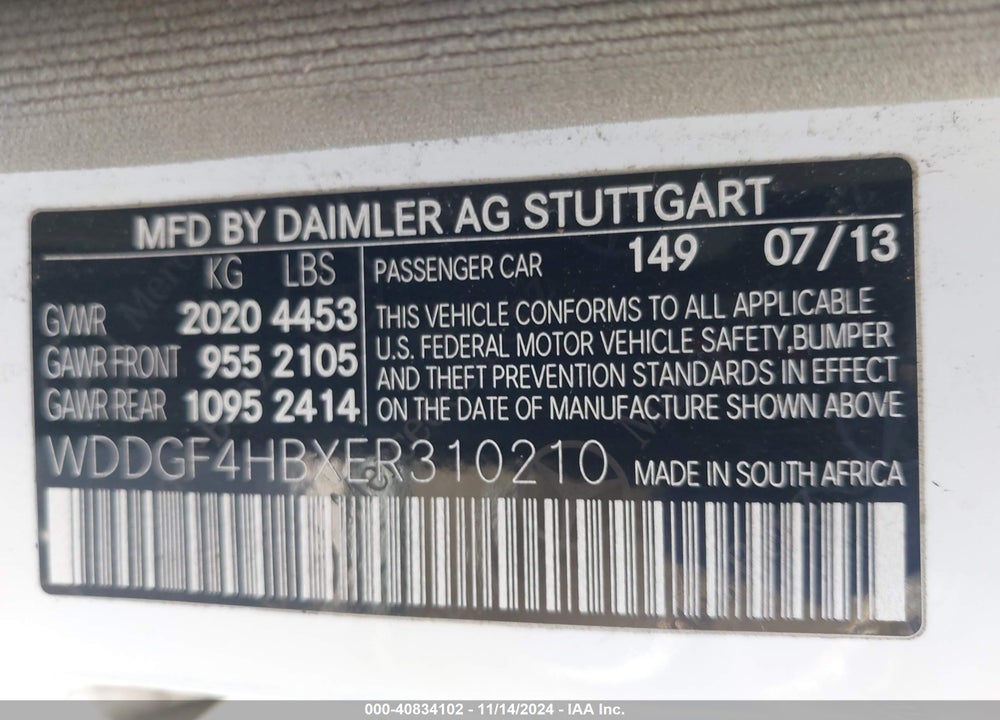 2014 MERCEDES-BENZ C 250 LUXURY/SPORT VIN: WDDGF4HBXER310210