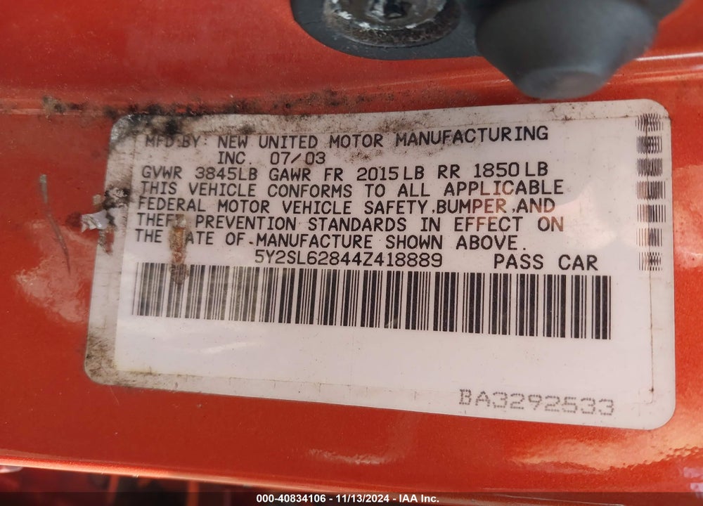2004 PONTIAC VIBE VIN: 5Y2SL62844Z418889