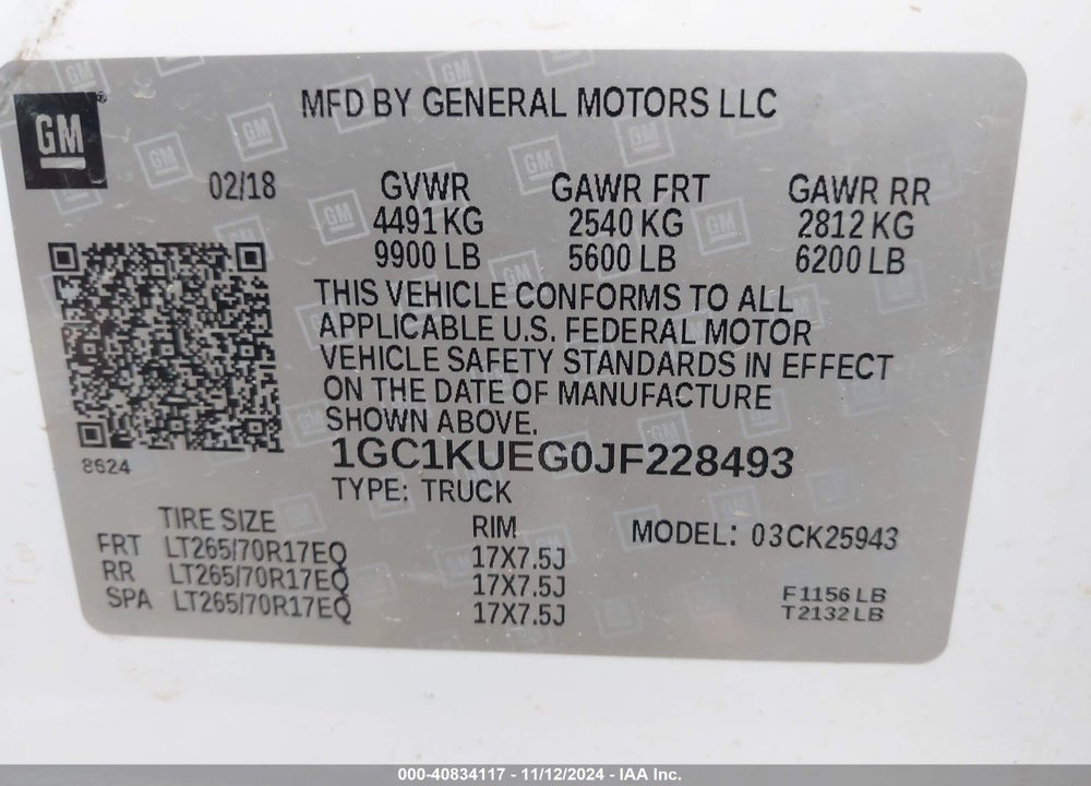 2018 CHEVROLET SILVERADO 2500HD WT VIN: 1GC1KUEG0JF228493