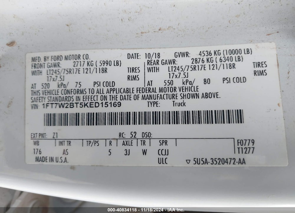 2019 FORD F-250 XL VIN: 1FT7W2BT5KED15169