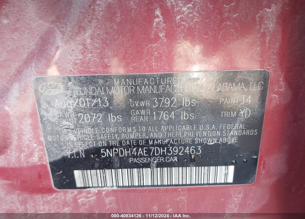 2013 HYUNDAI ELANTRA GLS VIN: 5NPDH4AE7DH392463