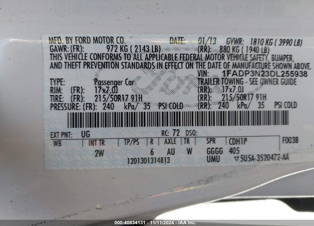 2013 FORD FOCUS TITANIUM VIN: 1FADP3N23DL255938