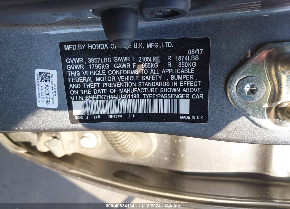 2018 HONDA CIVIC VIN: SHHFK7H44JU401198