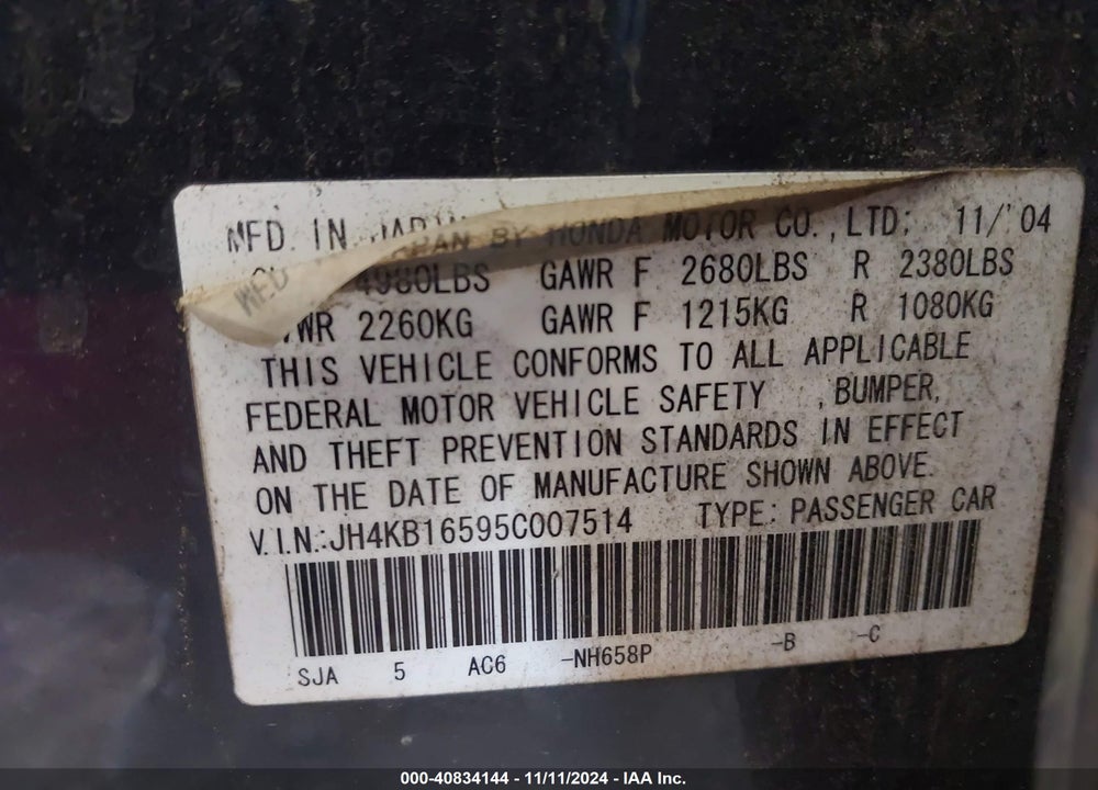 2005 ACURA RL 3.5 (48-STATE ONLY) (A5) VIN: JH4KB16595C007514