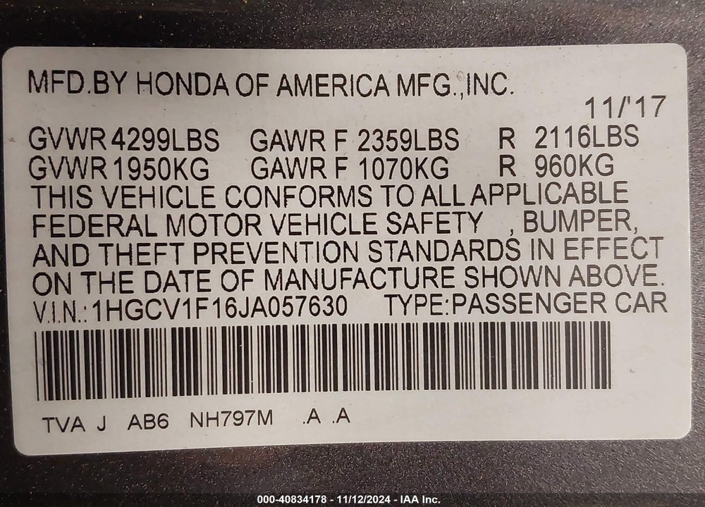 2018 HONDA ACCORD LX VIN: 1HGCV1F16JA057630