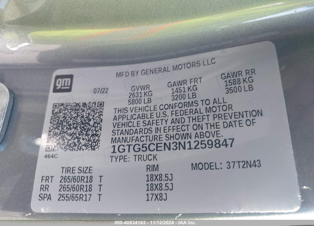 2022 GMC CANYON VIN: 1GTG5CEN3N1259847