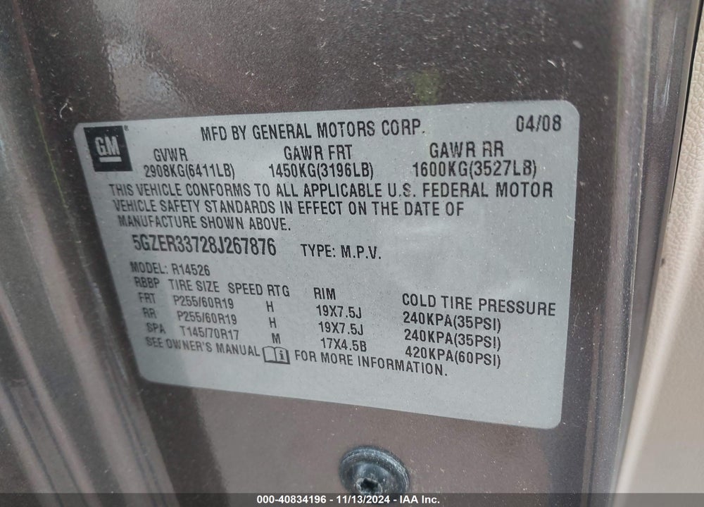 2008 SATURN OUTLOOK XR VIN: 5GZER33728J267876