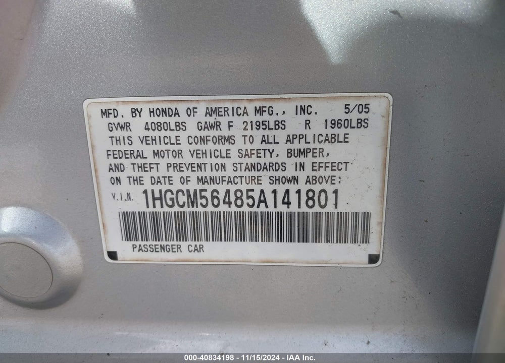 2005 HONDA ACCORD 2.4 LX VIN: 1HGCM56485A141801