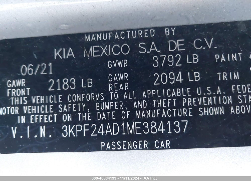 2021 KIA FORTE LXS VIN: 3KPF24AD1ME384137
