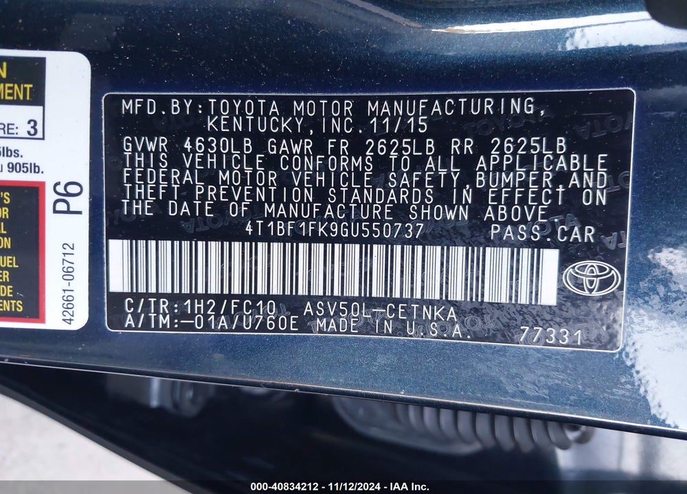 2016 TOYOTA CAMRY LE VIN: 4T1BF1FK9GU550737