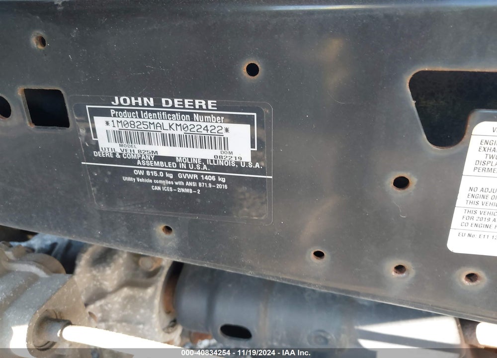 2019 JOHN DEERE XUV825M VIN: 1M0825MALKM022422
