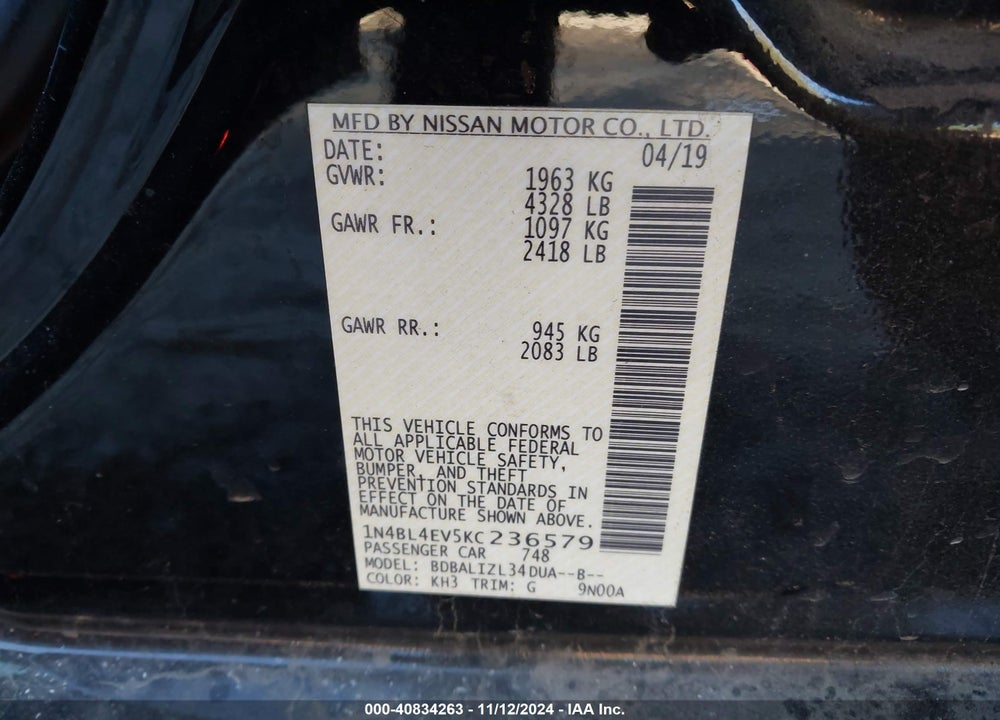 2019 NISSAN ALTIMA 2.5 SL VIN: 1N4BL4EV5KC236579