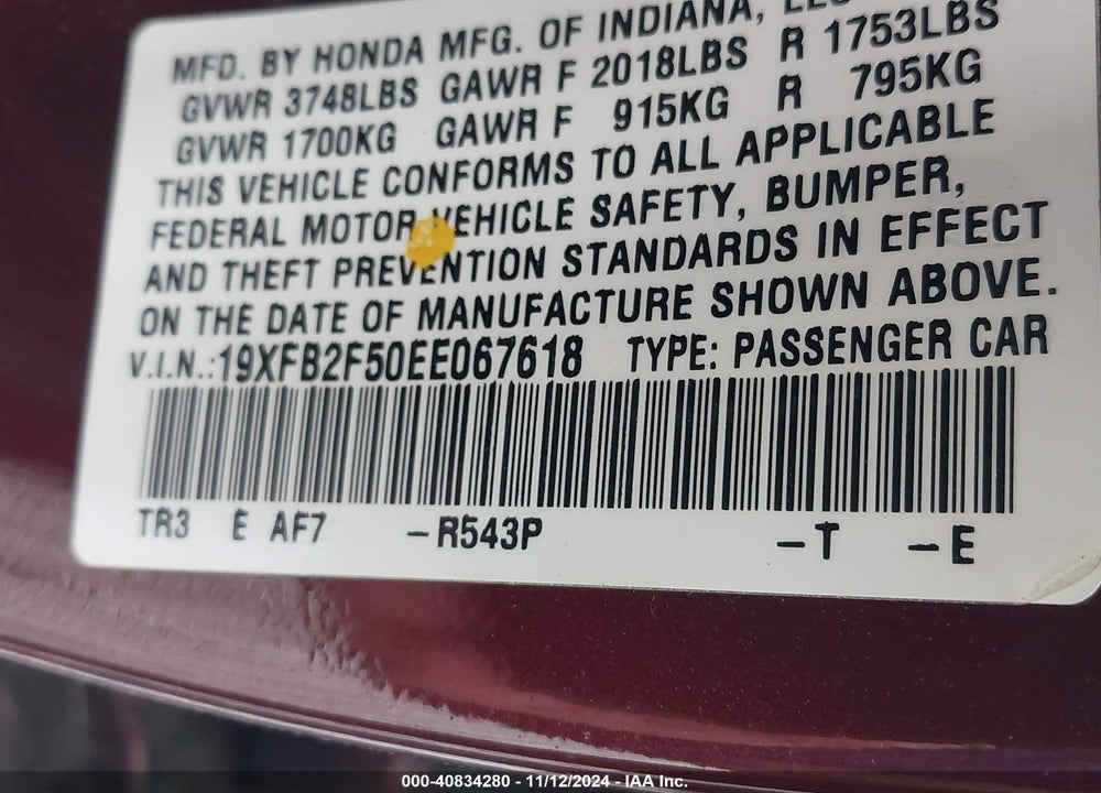 2014 HONDA CIVIC LX VIN: 19XFB2F50EE067618