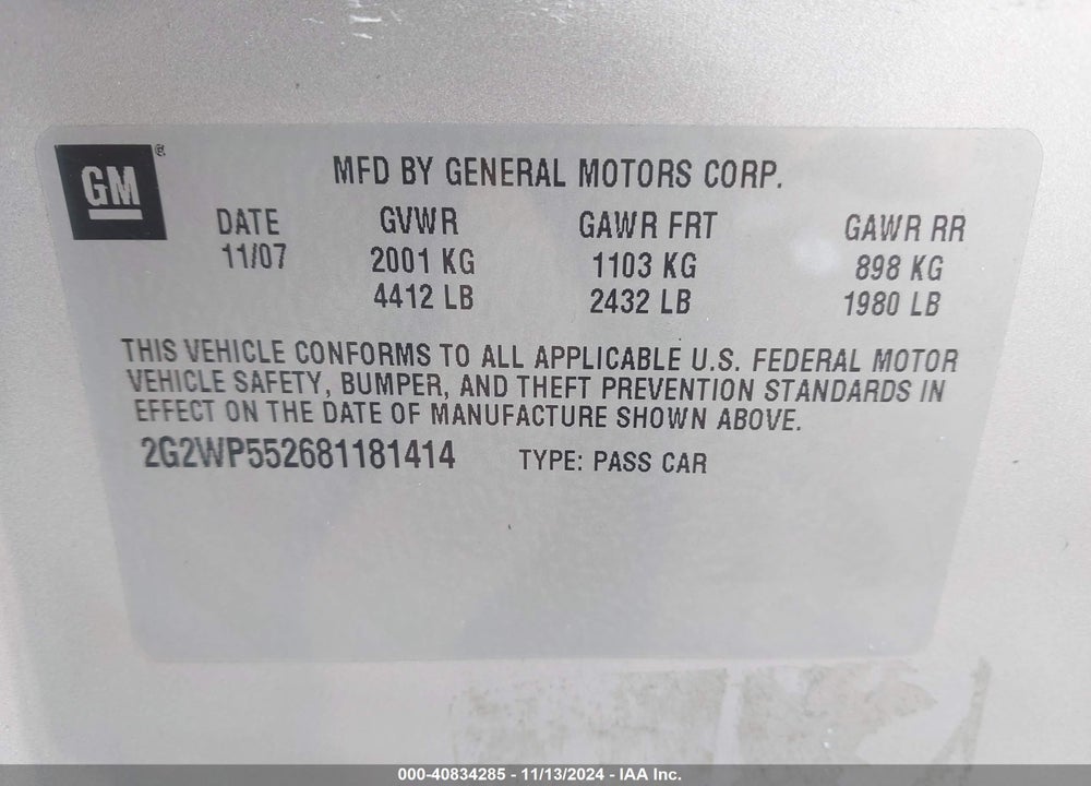 2008 PONTIAC GRAND PRIX VIN: 2G2WP552681181414
