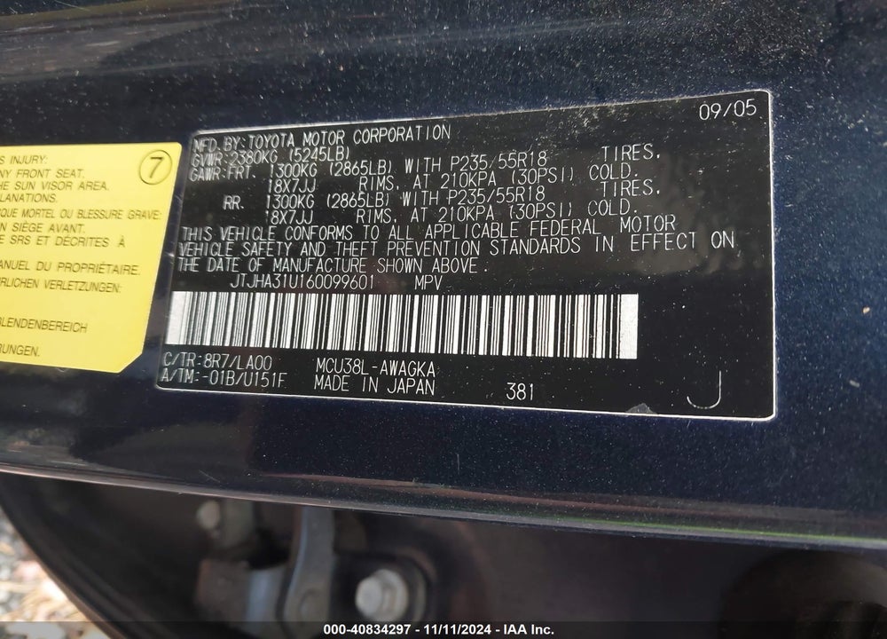 2006 LEXUS RX 330 VIN: JTJHA31U160099601