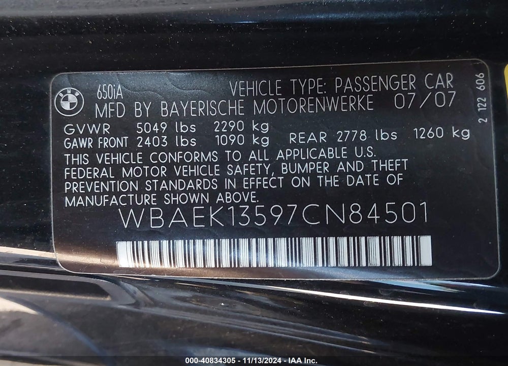 2007 BMW 650I VIN: WBAEK13597CN84501