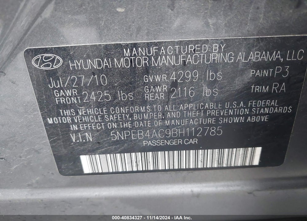 2011 HYUNDAI SONATA GLS VIN: 5NPEB4AC9BH112785