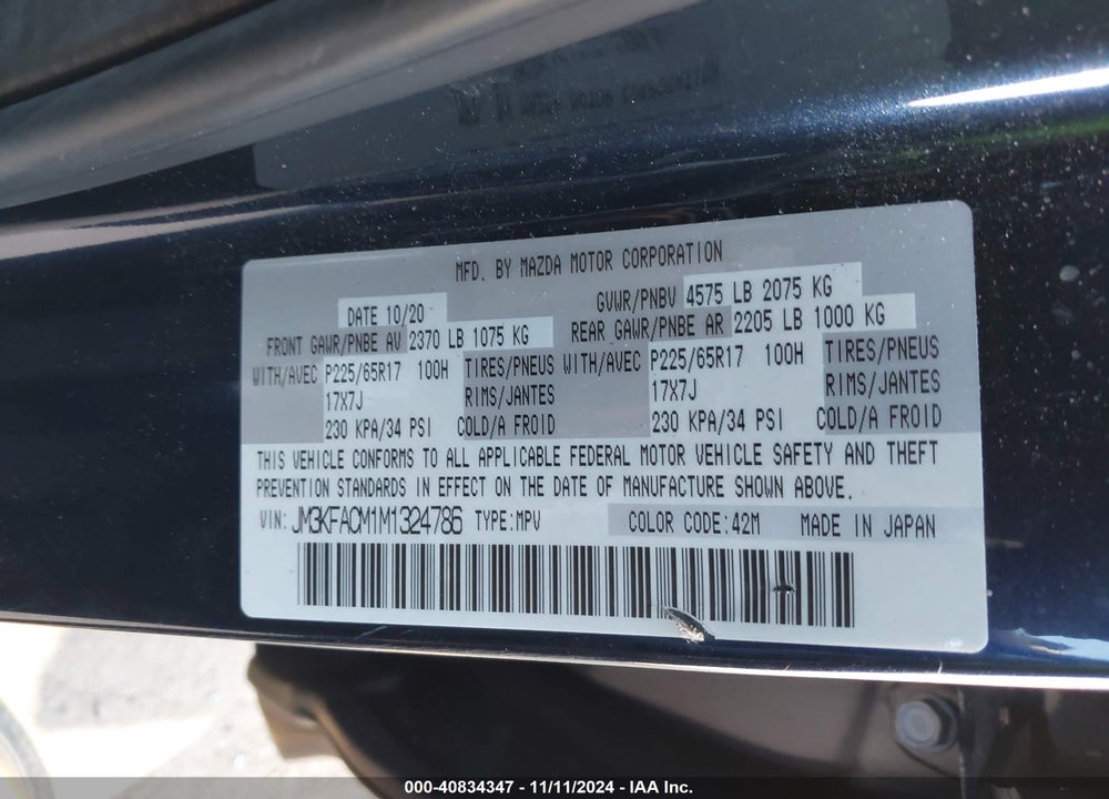 2021 MAZDA CX-5 TOURING VIN: JM3KFACM1M1324786