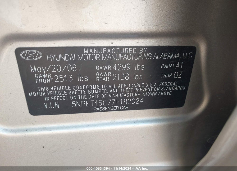 2007 HYUNDAI SONATA GLS VIN: 5NPET46C77H182024