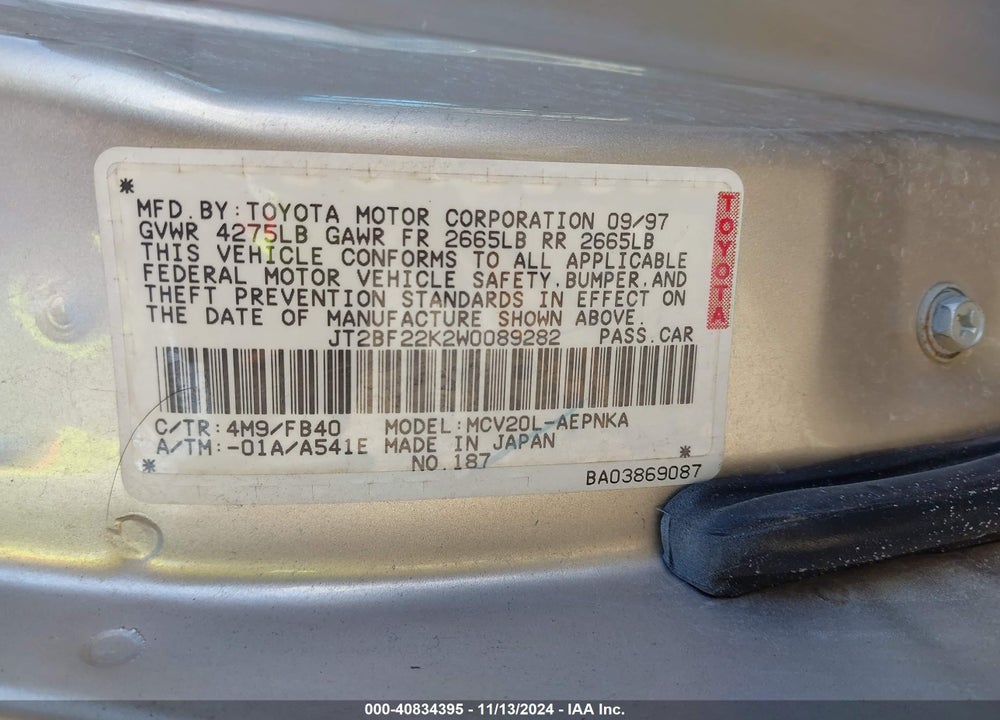 1998 TOYOTA CAMRY LE V6 VIN: JT2BF22K2W0089282