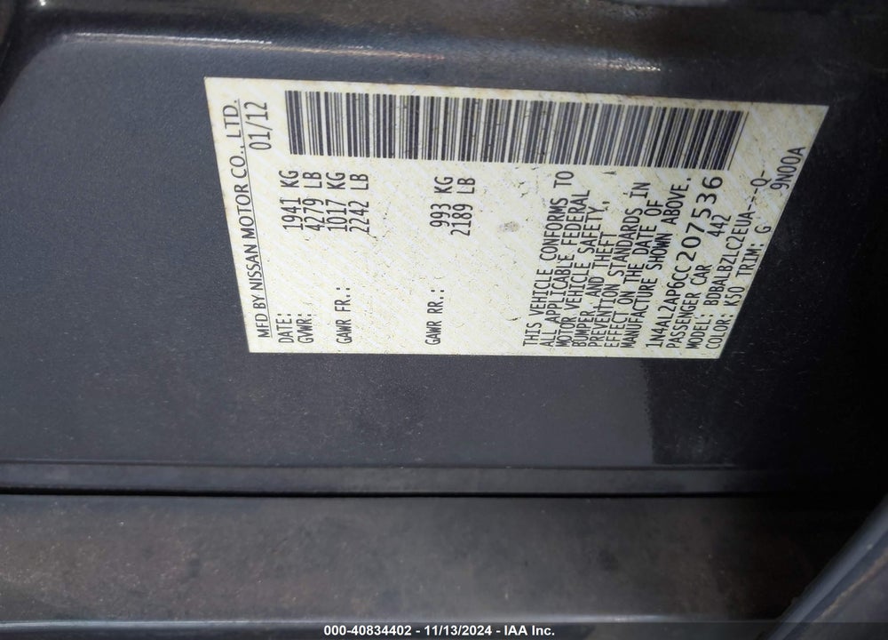 2012 NISSAN ALTIMA 2.5 S VIN: 1N4AL2AP6CC207536