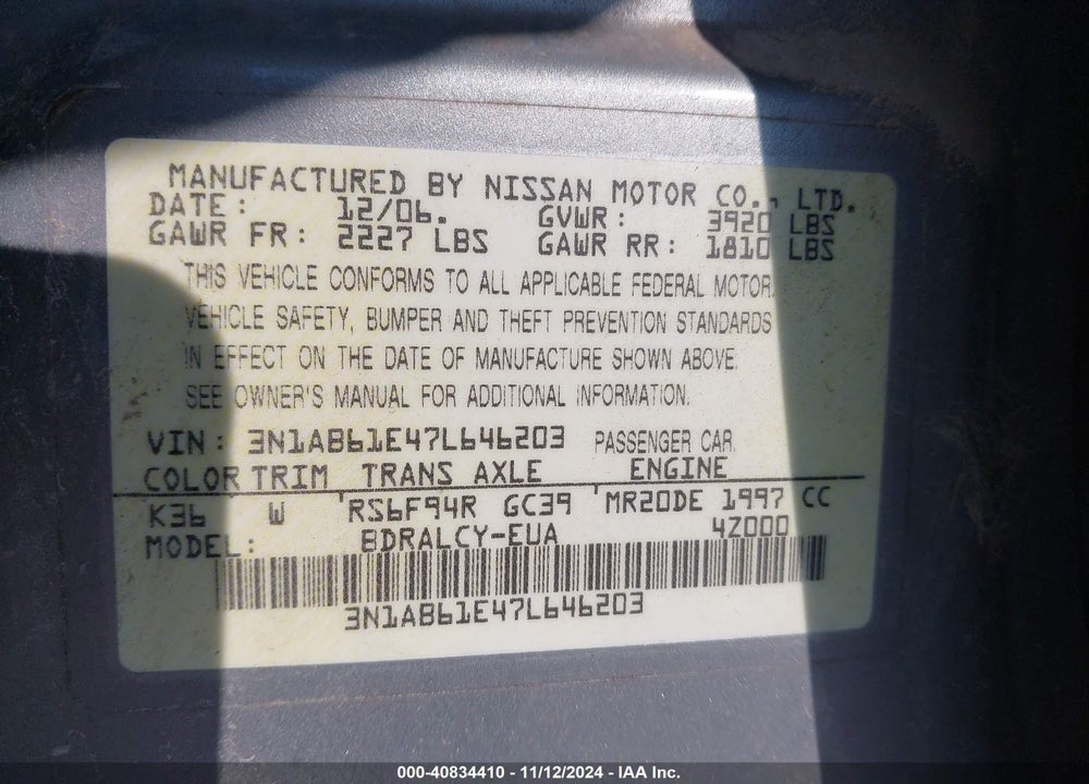2007 NISSAN SENTRA 2.0 VIN: 3N1AB61E47L646203