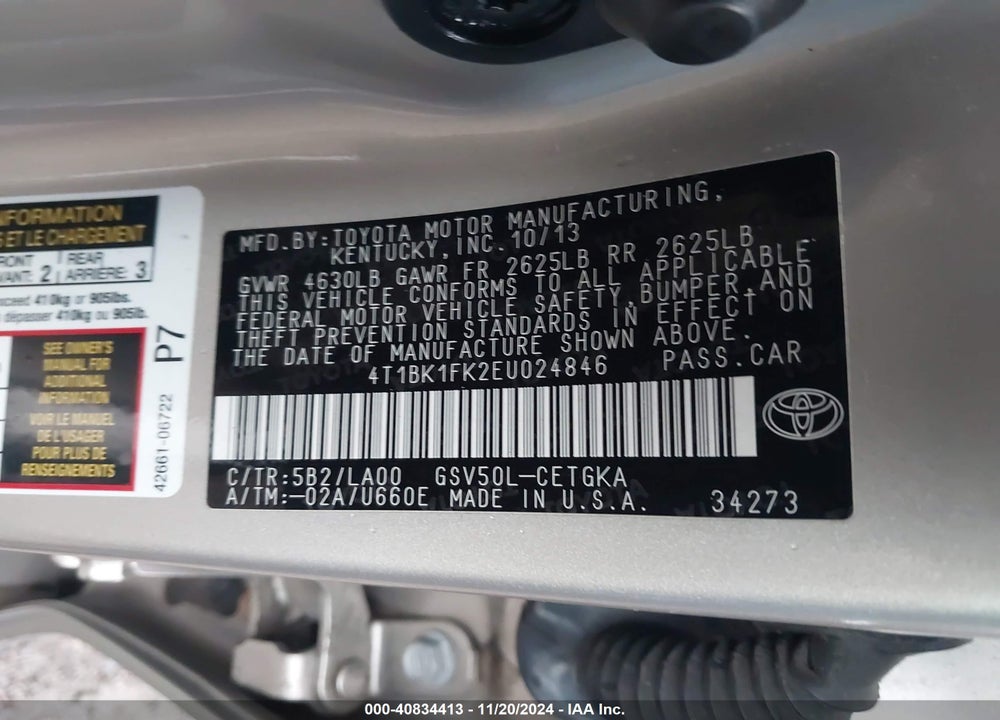 2014 TOYOTA CAMRY XLE V6 VIN: 4T1BK1FK2EU024846