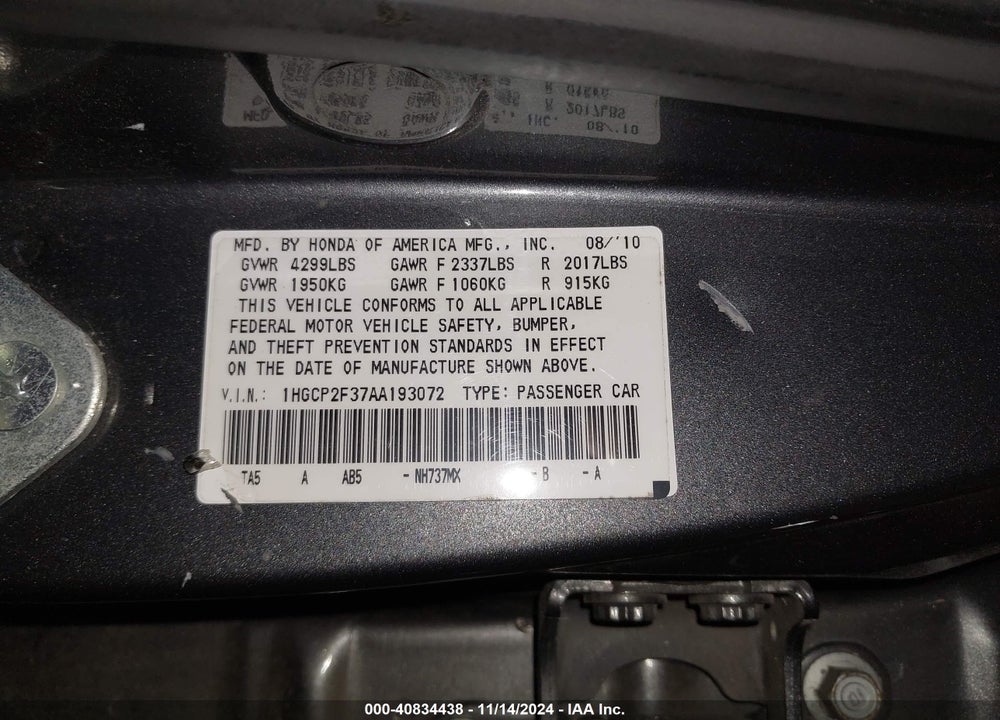 2010 HONDA ACCORD 2.4 LX VIN: 1HGCP2F37AA193072