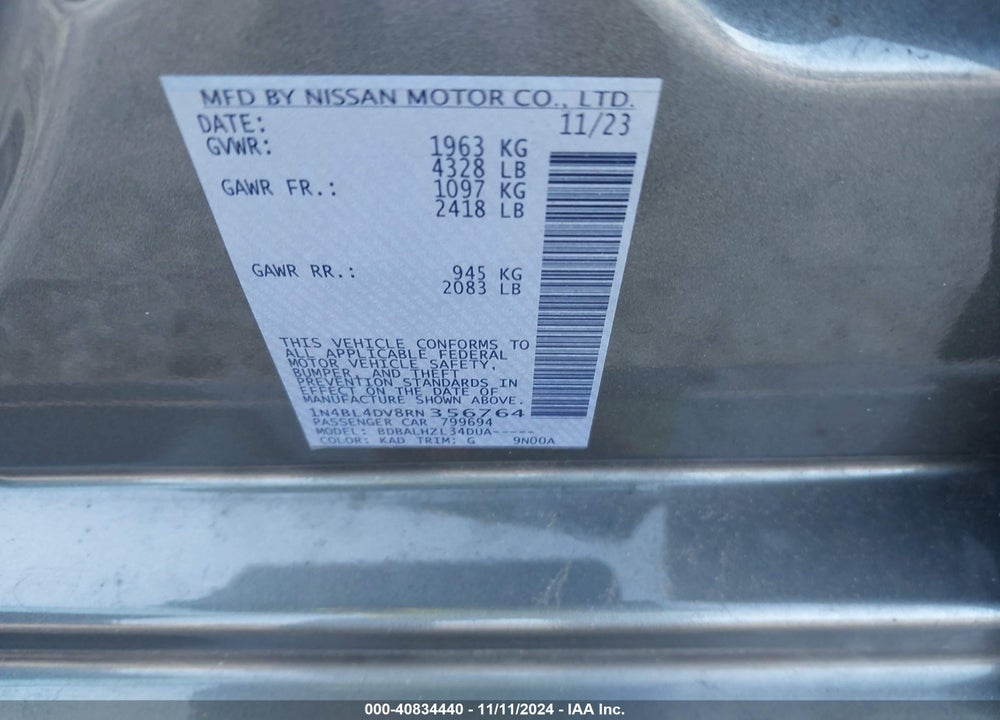 2024 NISSAN ALTIMA SV FWD VIN: 1N4BL4DV8RN356764