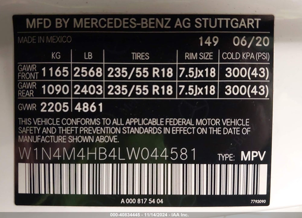 2020 MERCEDES-BENZ GLB 250 4MATIC VIN: W1N4M4HB4LW044581