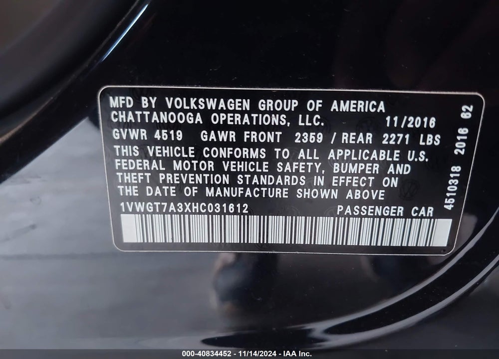 2017 VOLKSWAGEN PASSAT 1.8T SE VIN: 1VWGT7A3XHC031612