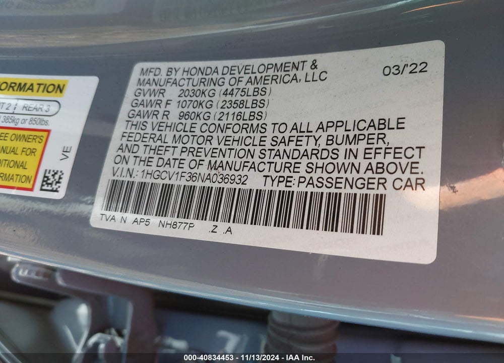 2022 HONDA ACCORD SPORT VIN: 1HGCV1F36NA036932