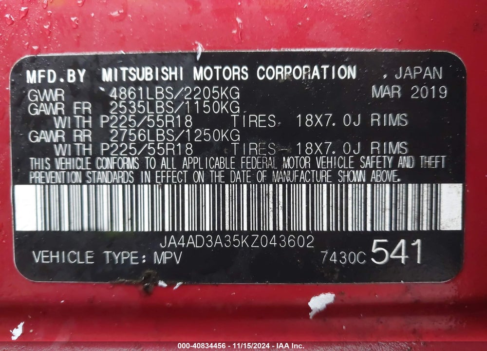 2019 MITSUBISHI OUTLANDER SE VIN: JA4AD3A35KZ043602