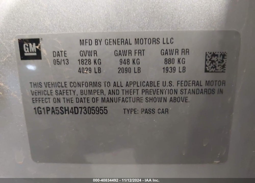 2013 CHEVROLET CRUZE LS AUTO VIN: 1G1PA5SH4D7305955