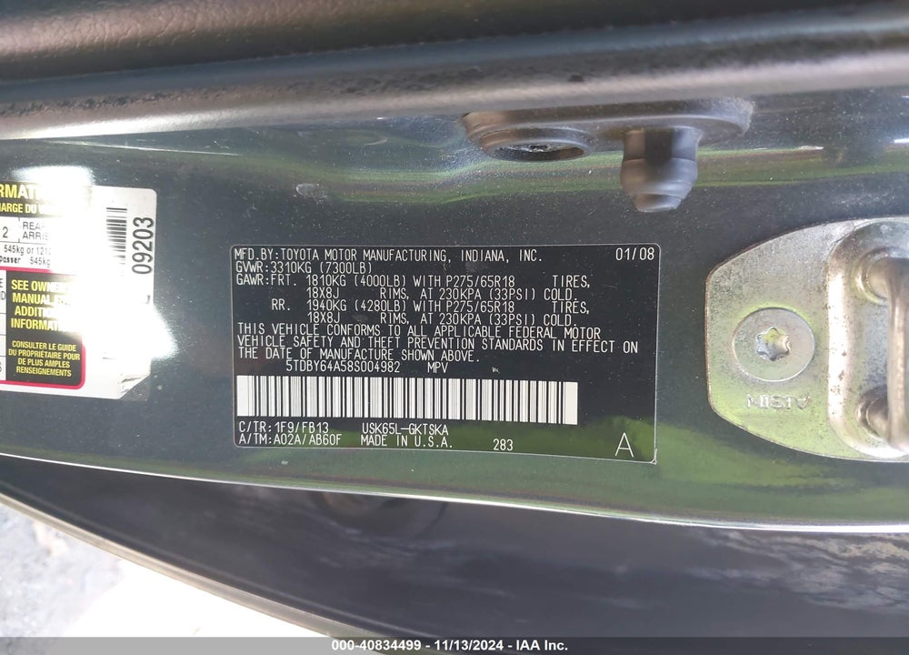 2008 TOYOTA SEQUOIA SR5 5.7L V8 VIN: 5TDBY64A58S004982