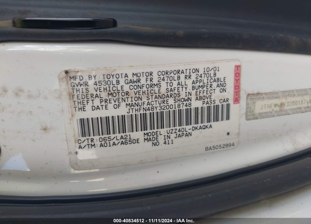 2002 LEXUS SC 430 VIN: JTHFN48Y320018748