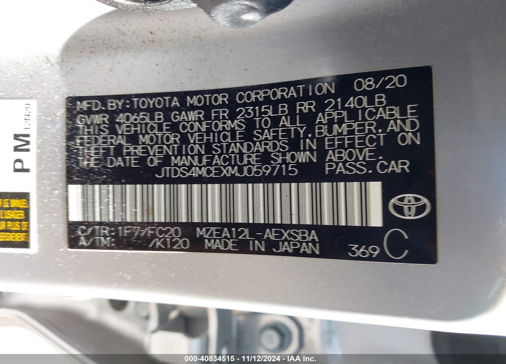 2021 TOYOTA COROLLA SE VIN: JTDS4MCEXMJ059715