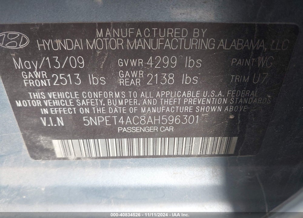 2010 HYUNDAI SONATA GLS VIN: 5NPET4AC8AH596301