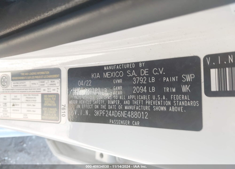 2022 KIA FORTE VIN: 3KPF24AD6NE488012