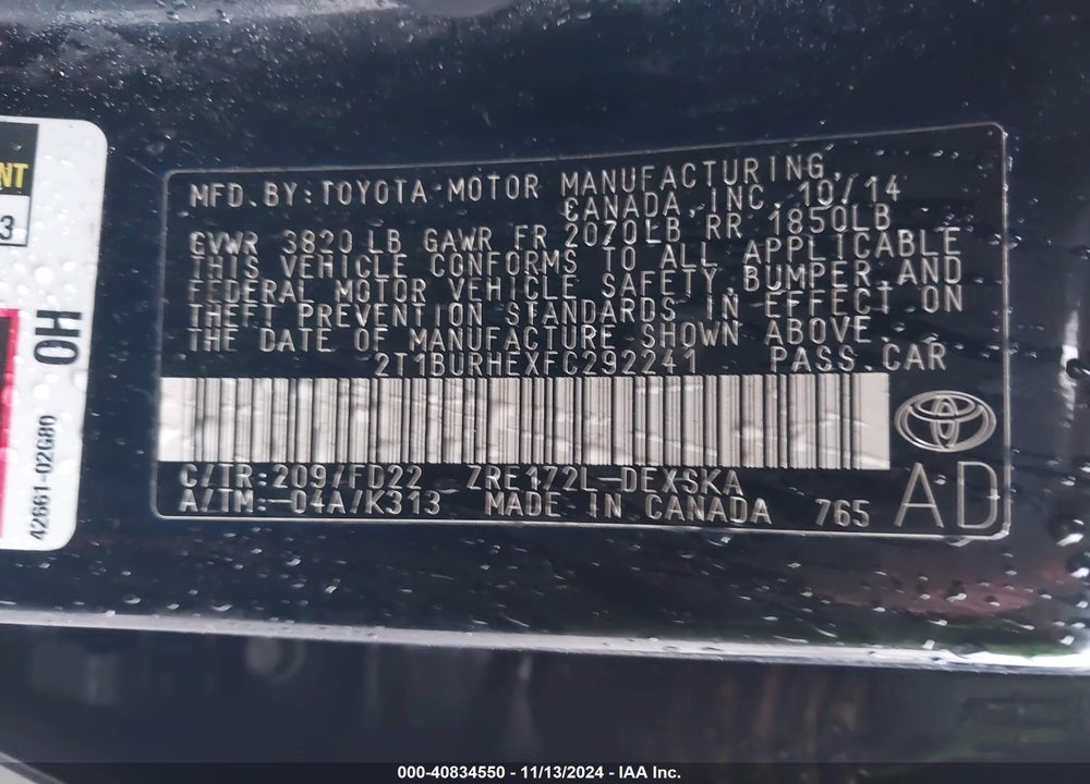 2015 TOYOTA COROLLA S PLUS VIN: 2T1BURHEXFC292241
