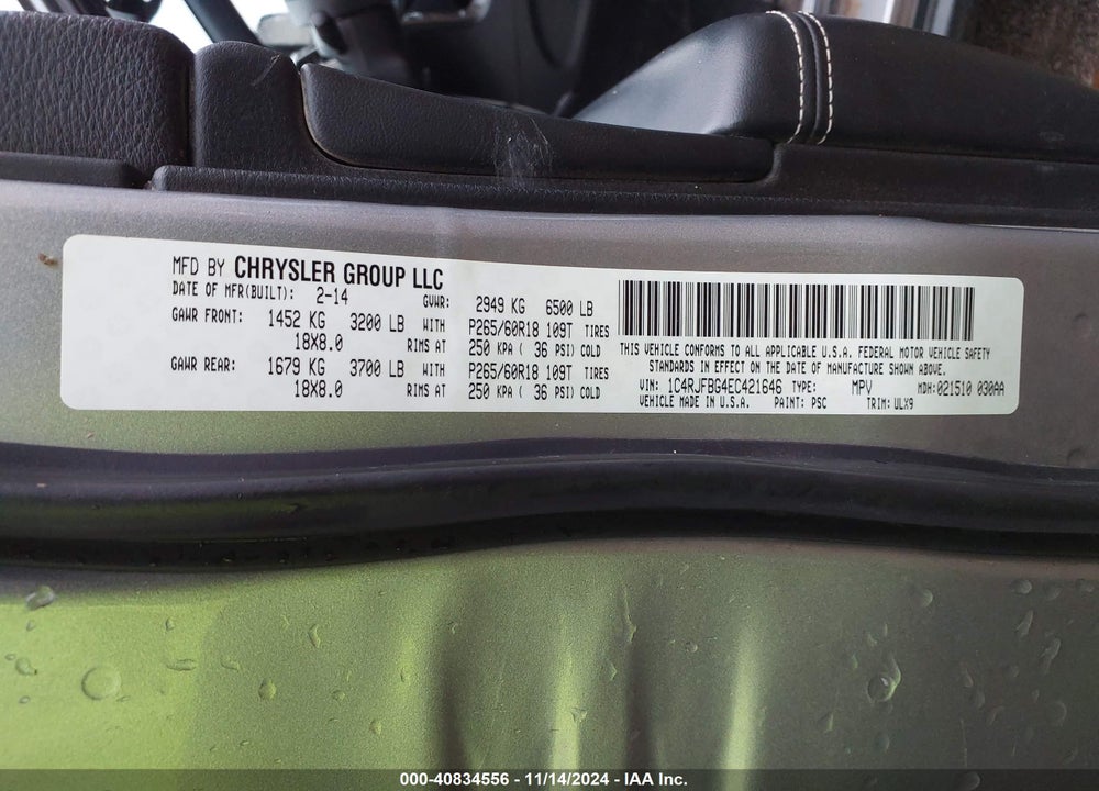2014 JEEP GRAND CHEROKEE LIMITED VIN: 1C4RJFBG4EC421646