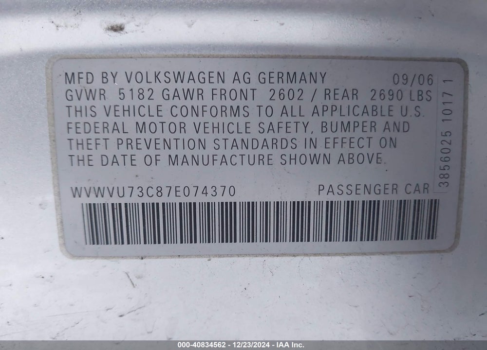 2007 VOLKSWAGEN PASSAT 3.6 VIN: WVWVU73C87E074370