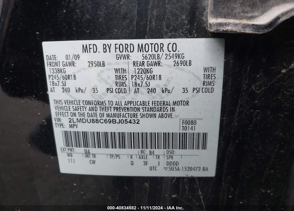 2009 LINCOLN MKX VIN: 2LMDU88C69BJ05432