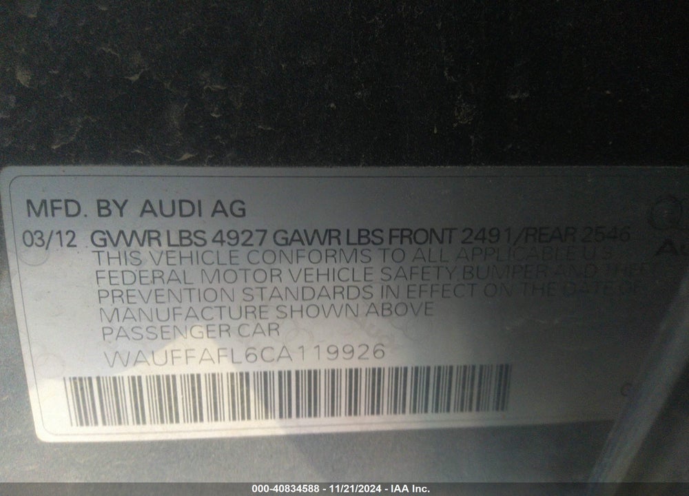 2012 AUDI A4 2.0T PREMIUM VIN: WAUFFAFL6CA119926