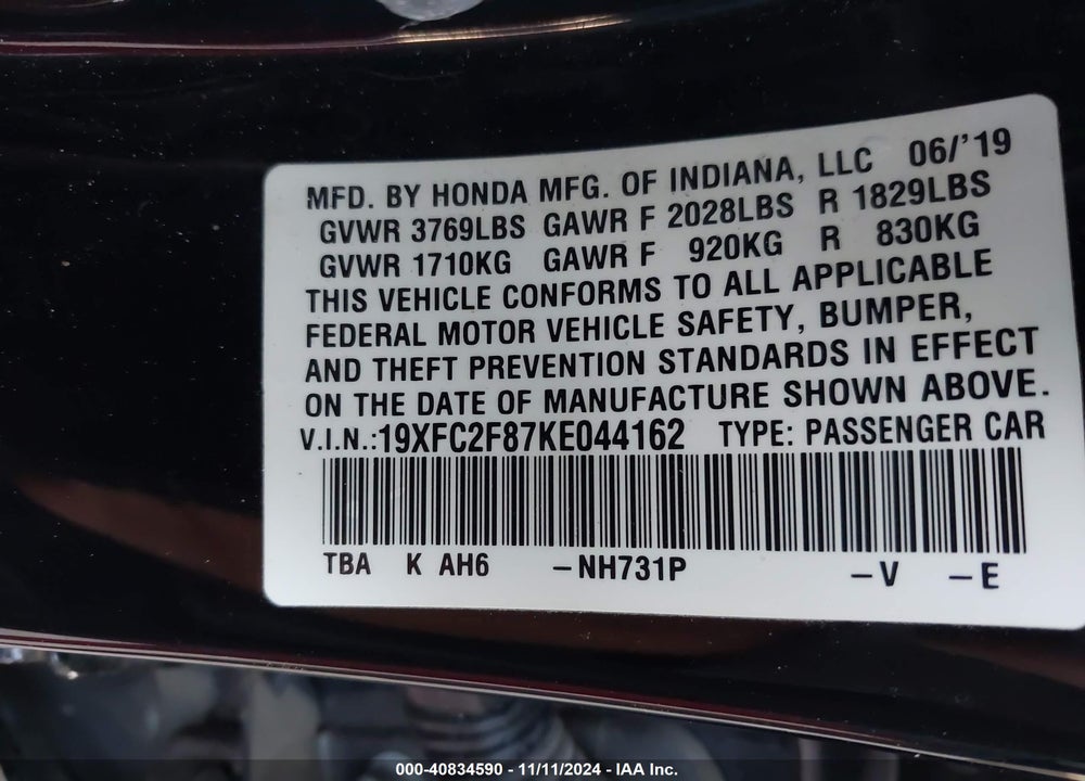 2019 HONDA CIVIC SPORT VIN: 19XFC2F87KE044162