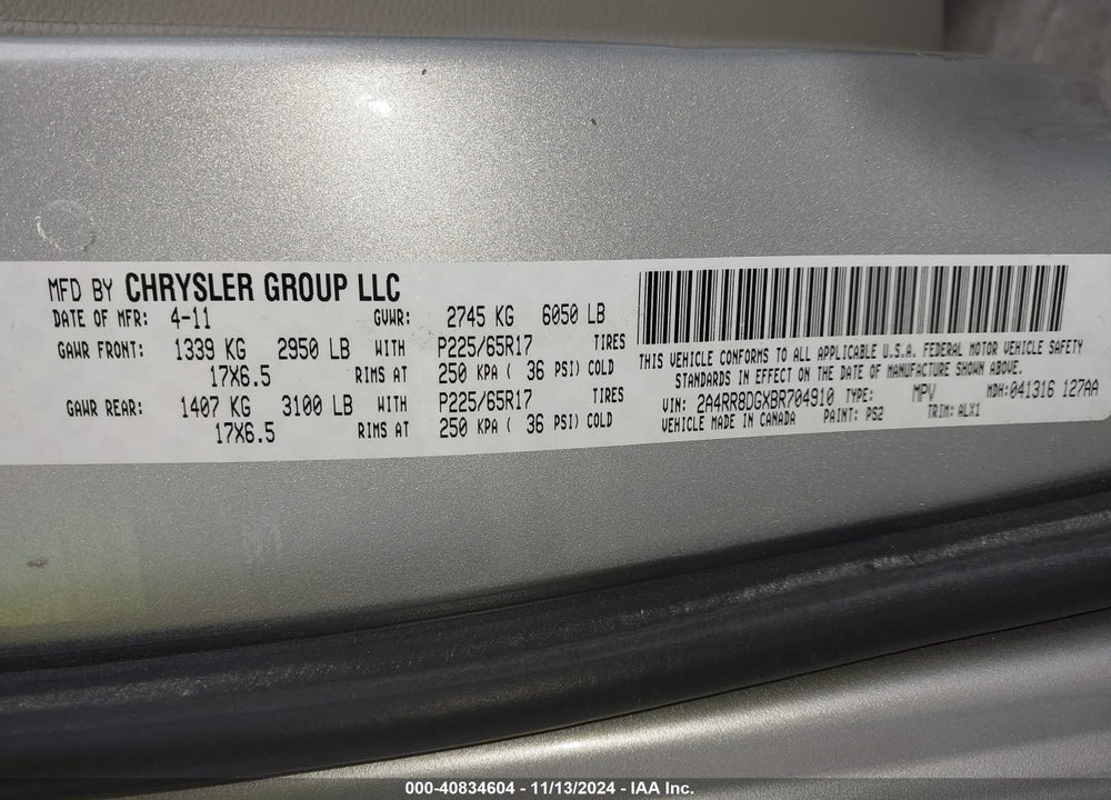2011 CHRYSLER TOWN & COUNTRY TOURING-L VIN: 2A4RR8DGXBR704910