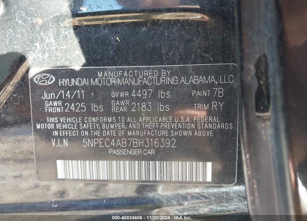 2011 HYUNDAI SONATA SE 2.0T VIN: 5NPEC4AB7BH316392
