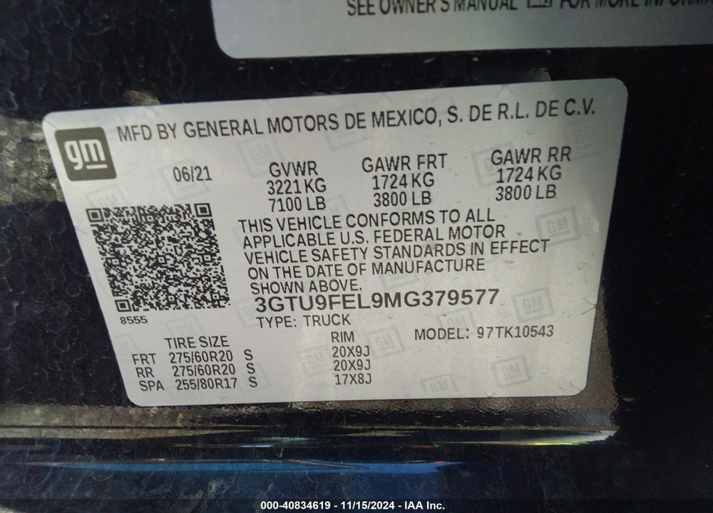 2021 GMC SIERRA 1500 4WD SHORT BOX DENALI VIN: 3GTU9FEL9MG379577