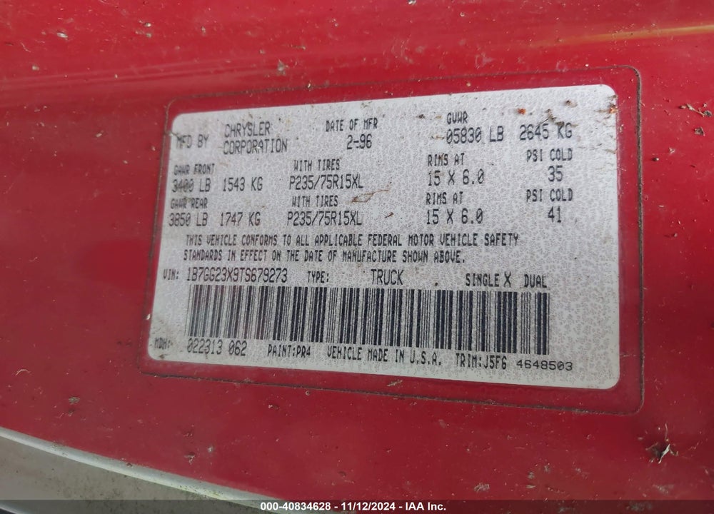 1996 DODGE DAKOTA VIN: 1B7GG23X9TS679273