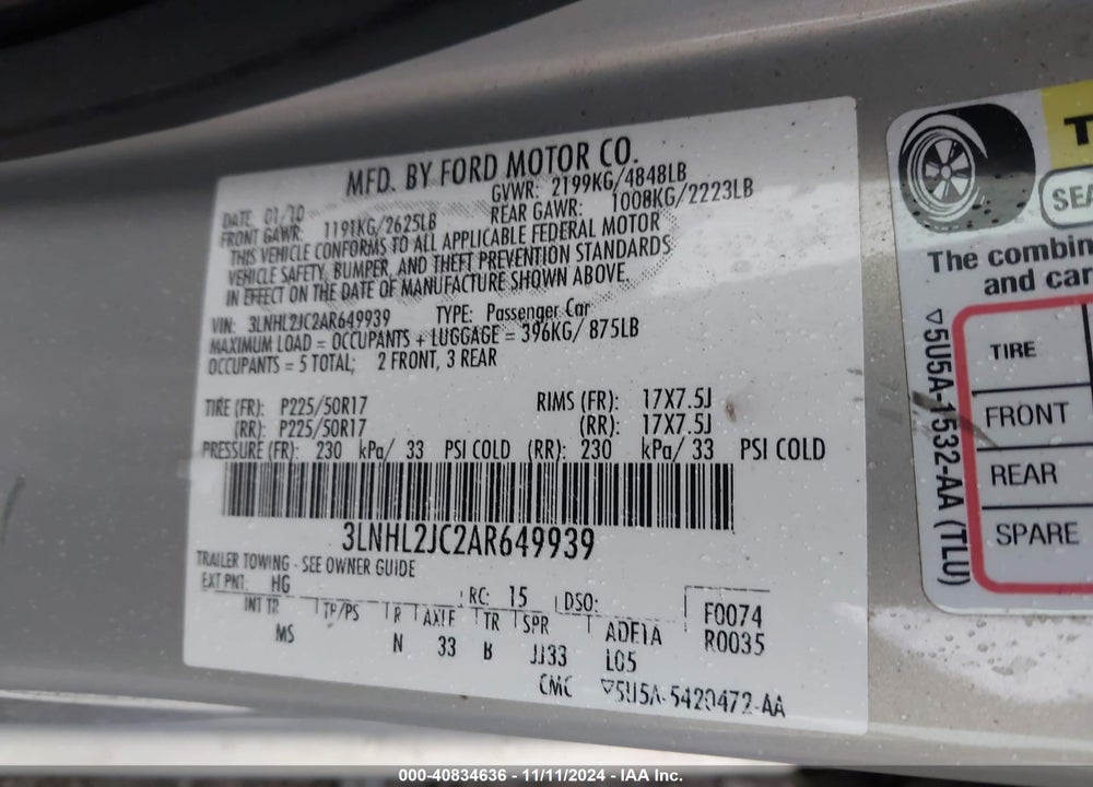 2010 LINCOLN MKZ VIN: 3LNHL2JC2AR649939